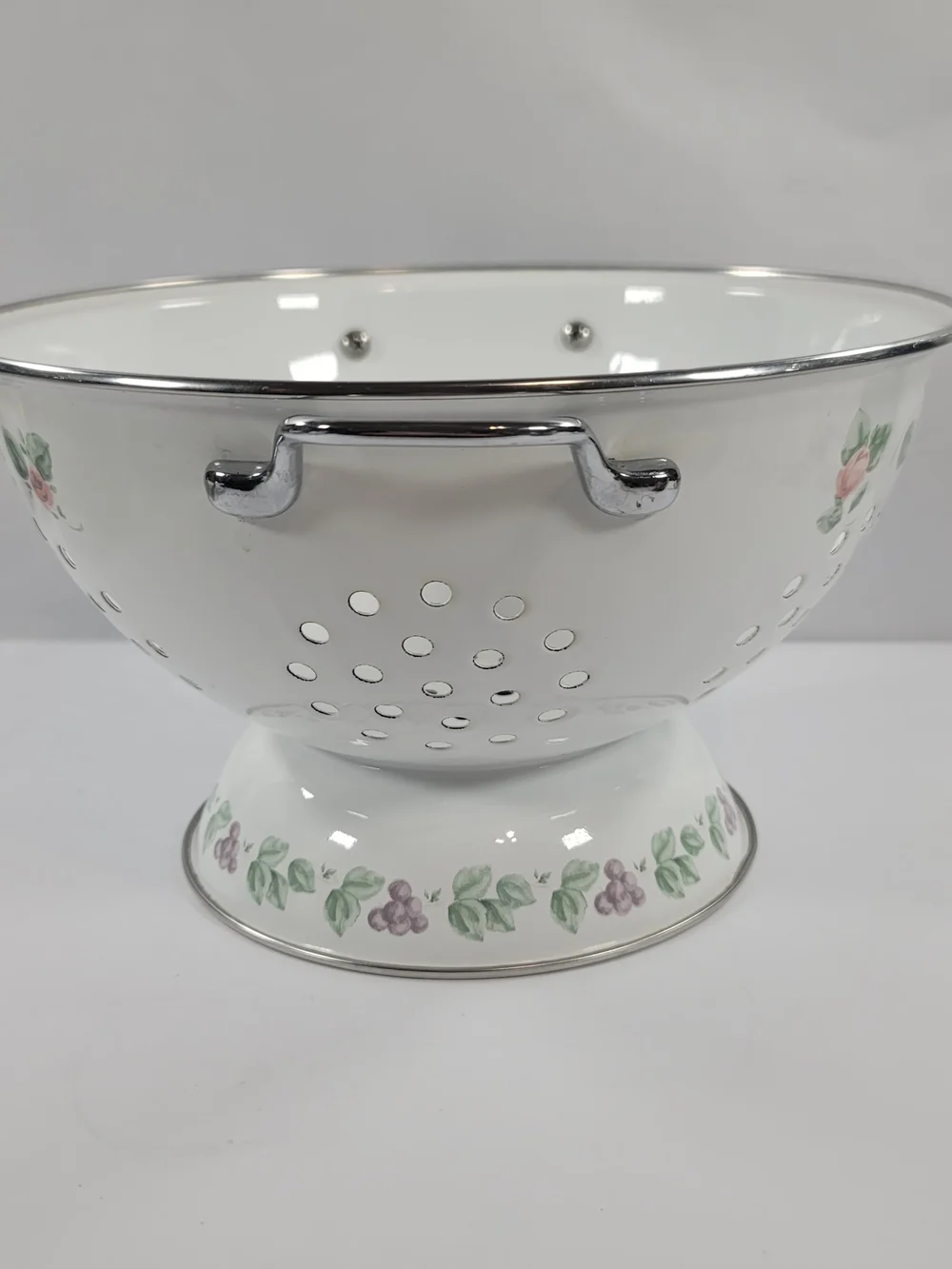 Vintage White Enamel Footted Colander Strainer Grape And Vine Handles